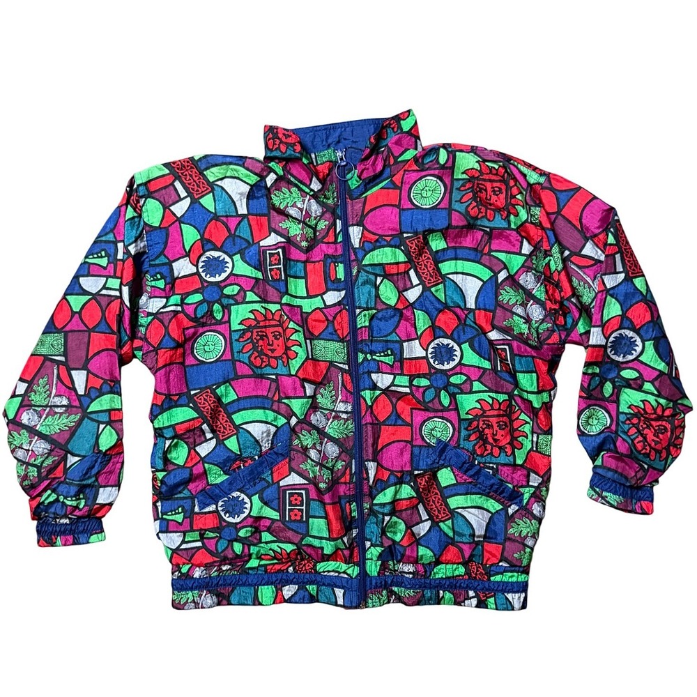 High Intensity Vintage 90s Stained Glass Geometric Windbreaker Jacket Petite P